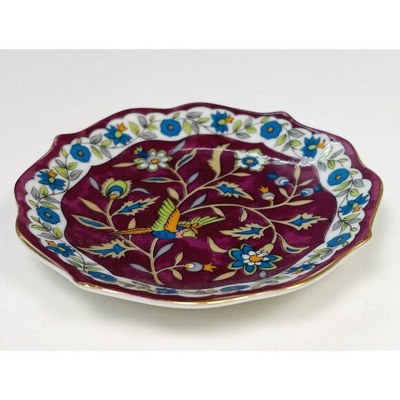 VTG SILK ROAD by Takahashi Plum Handpainted Ceramic TRINKET BOX & TRAY Bird EUC - Picture 3 of 5
